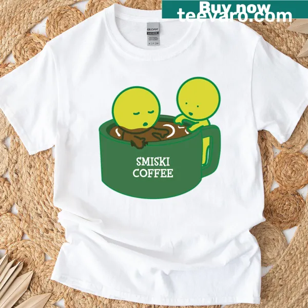 Cartoon graphic of Smiski character holding a coffee cup