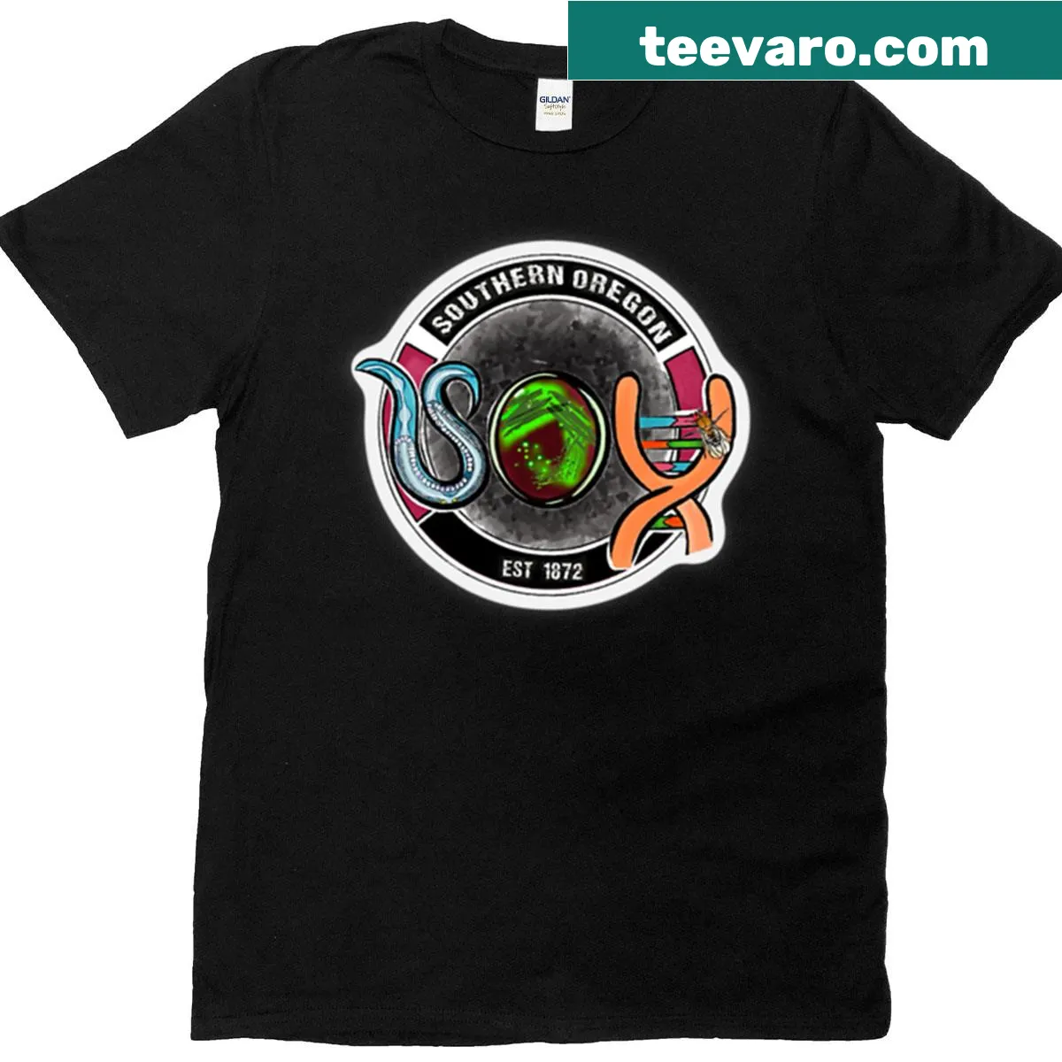 Southern Oregon University Biology logo T-shirt — on a men's t-shirt