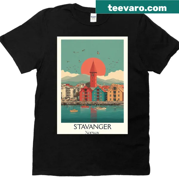 Retro Stavanger harbor illustration T-shirt with travel art print