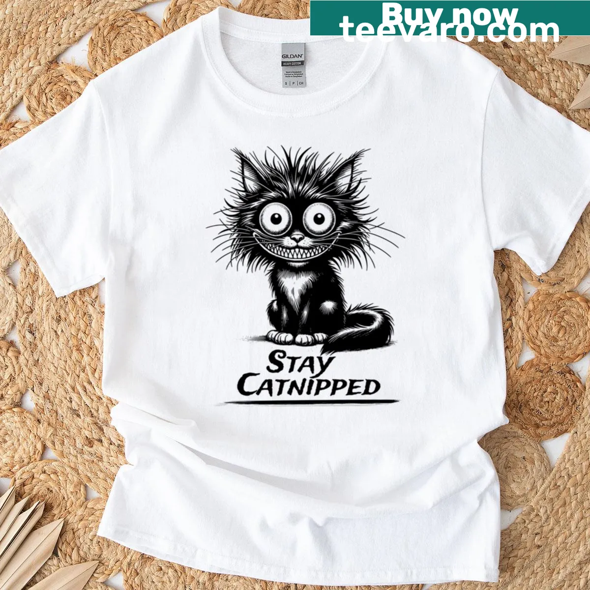 Humorous T-shirt with 'Stay Catnipped' slogan and wild cat graphic — on a men's t-shirt