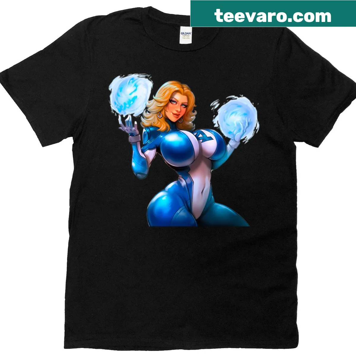 Illustrated design featuring Sue Storm, the Invisible Woman from comics — on a men's t-shirt