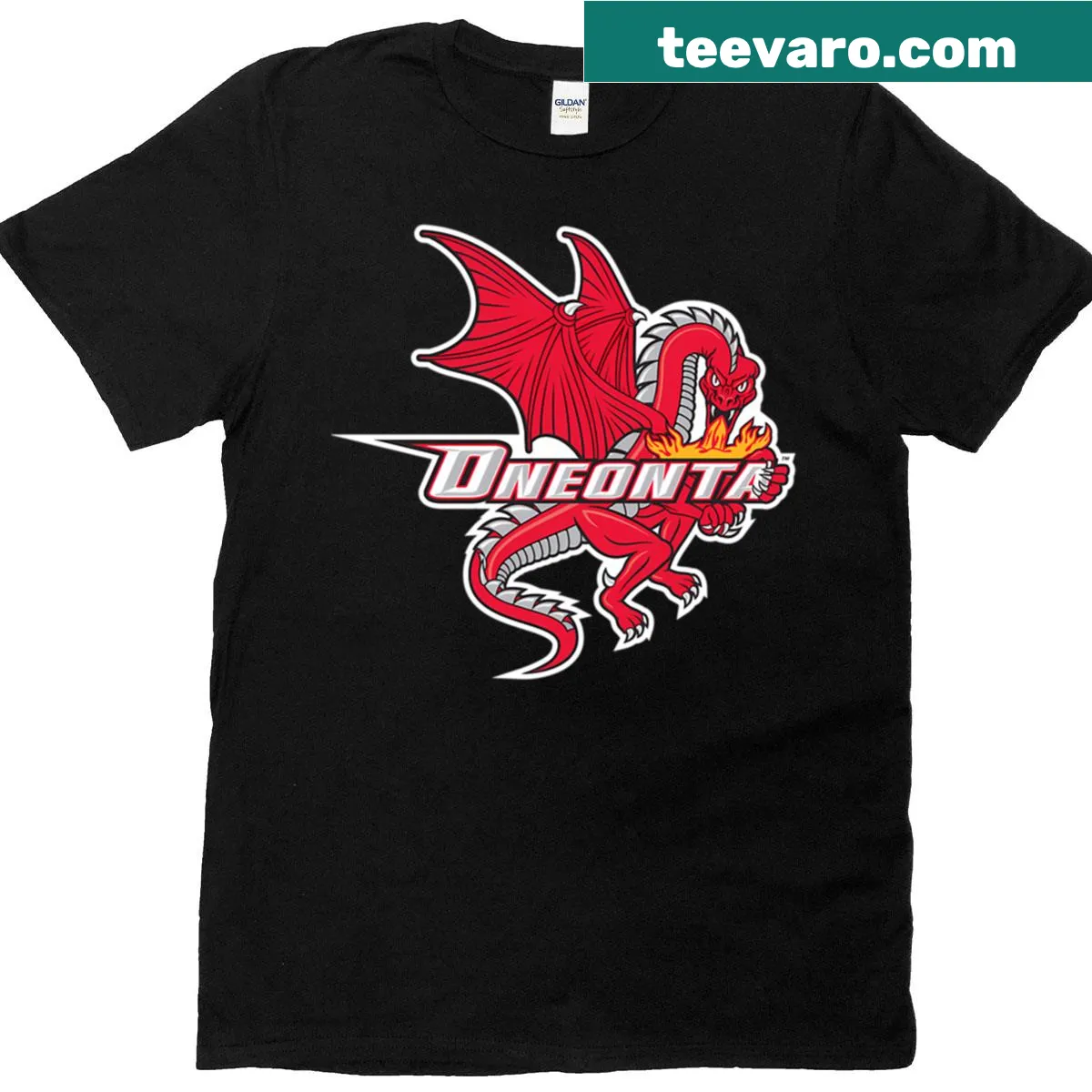 SUNY Oneonta Red Dragons logo T-shirt with bold university emblem. — on a men's t-shirt