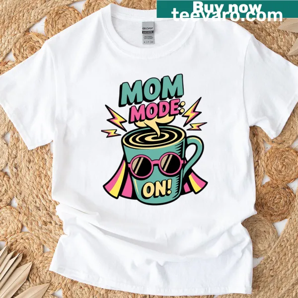 T-shirt illustrating a superhero mom with a coffee cup
