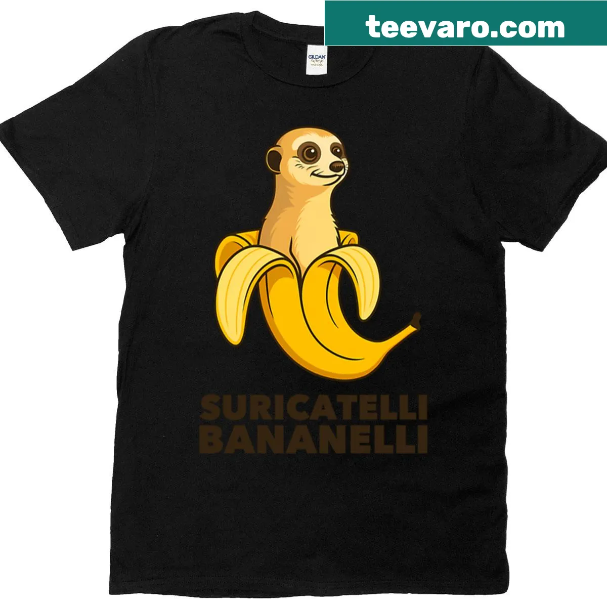 Cartoon of a meerkat-banana hybrid on a t-shirt — on a men's t-shirt