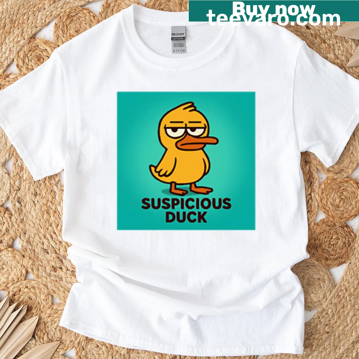 Shirt featuring the phrase 'Suspicious Duck' in playful typography — on a men's t-shirt
