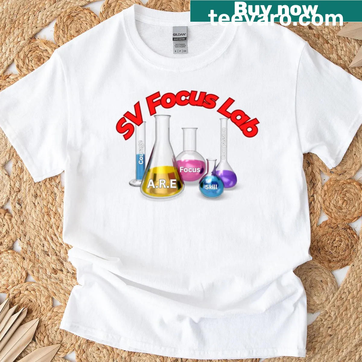 Illustration of lab beakers on a science-themed T-shirt — on a men's t-shirt