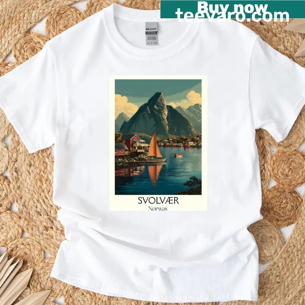 Vintage-style Lofoten Norway landscape T-shirt featuring harbor and mountains