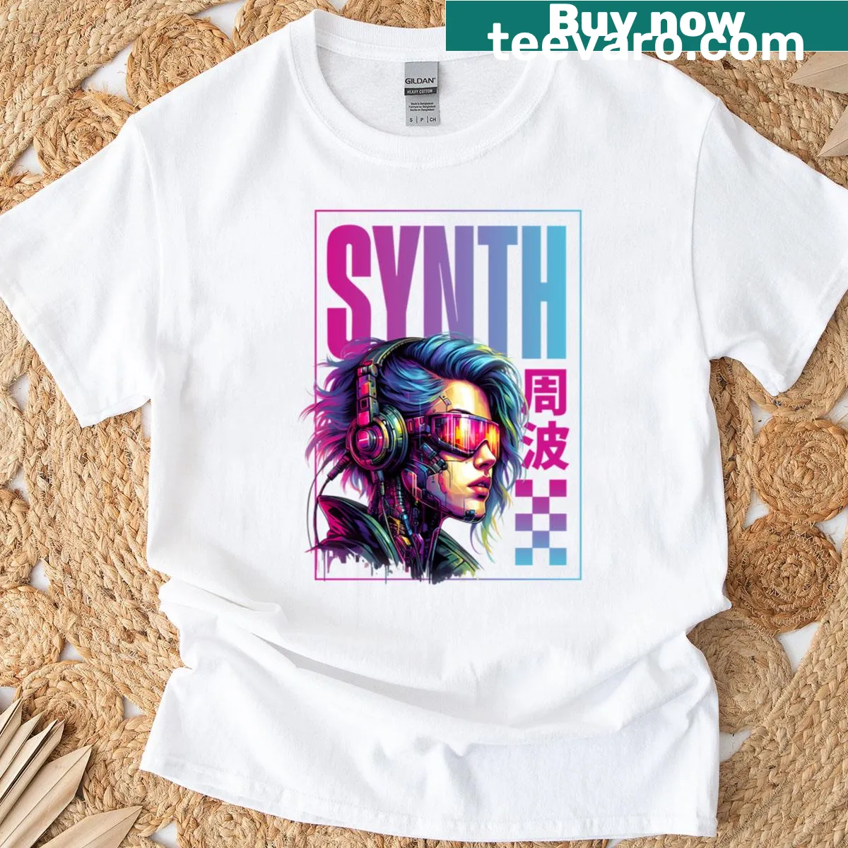 Cyberpunk woman graphic on futuristic T-shirt — on a men's t-shirt