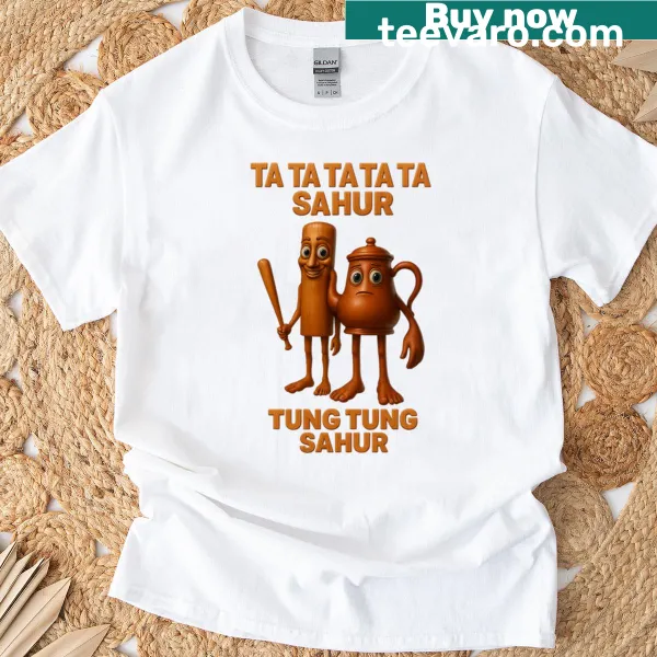 Hand-lettered T-shirt with the phrase 'Ta Ta Or Tung Tung Sahur'