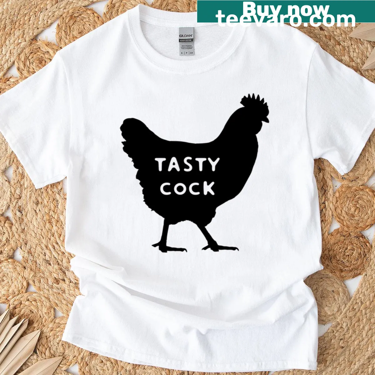 Playful rooster graphic on T-shirt celebrating food culture — on a men's t-shirt
