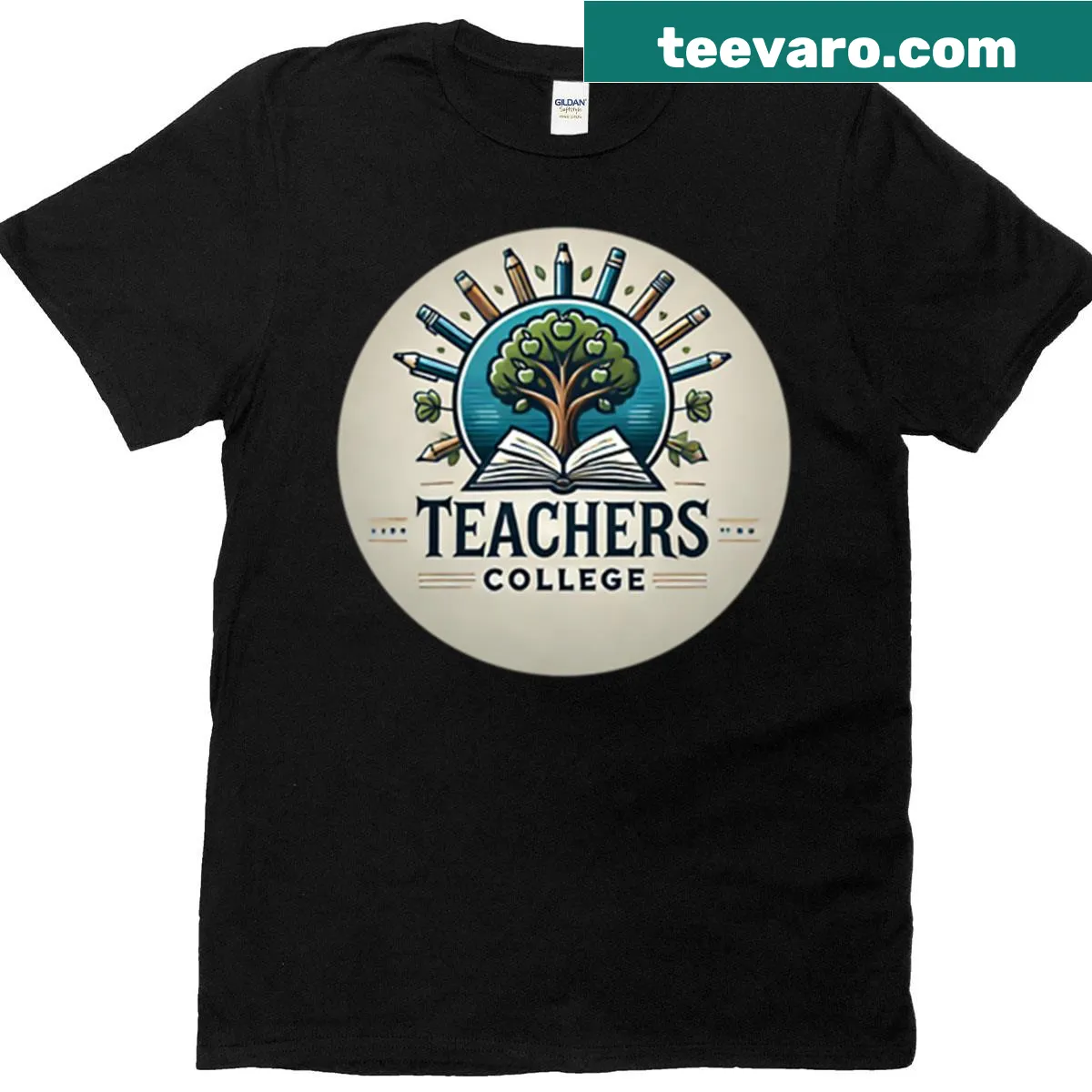 Teachers College logo T-shirt displaying the emblem in a professional design. — on a men's t-shirt