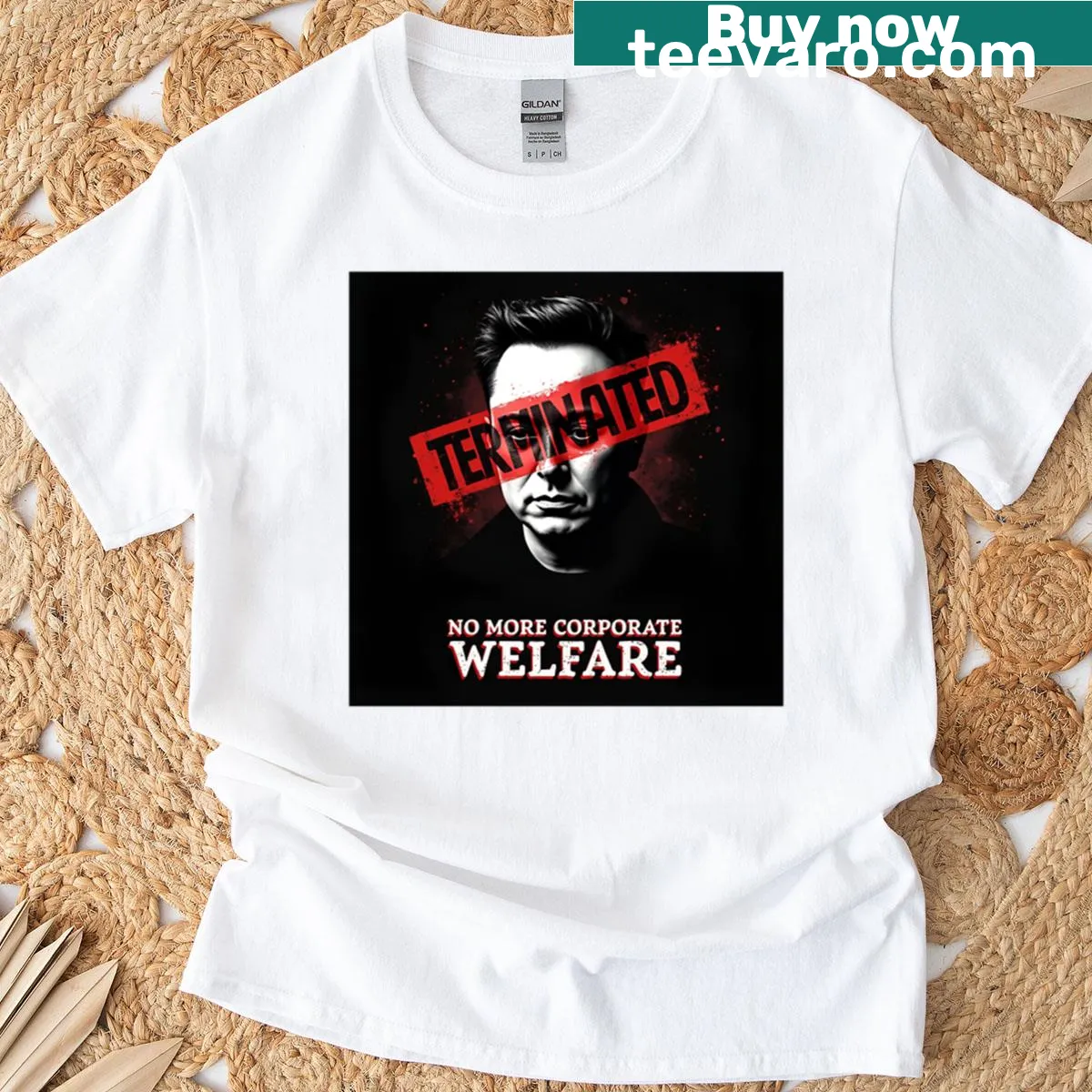 Bold graphic t-shirt with the phrase on corporate welfare. — on a men's t-shirt