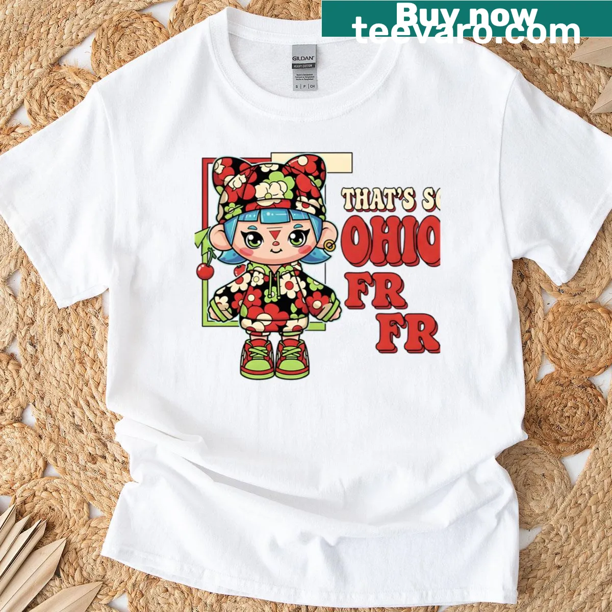 Kawaii-inspired Ohio T-shirt with cherrycore digital art. — on a men's t-shirt