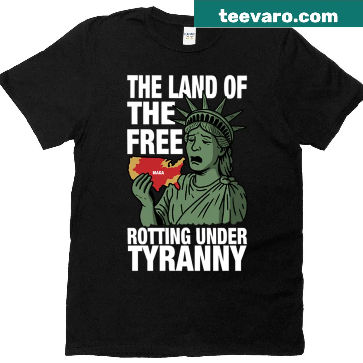 T-shirt featuring the phrase 'The Land Of The Free' against a backdrop of tyranny — on a men's t-shirt