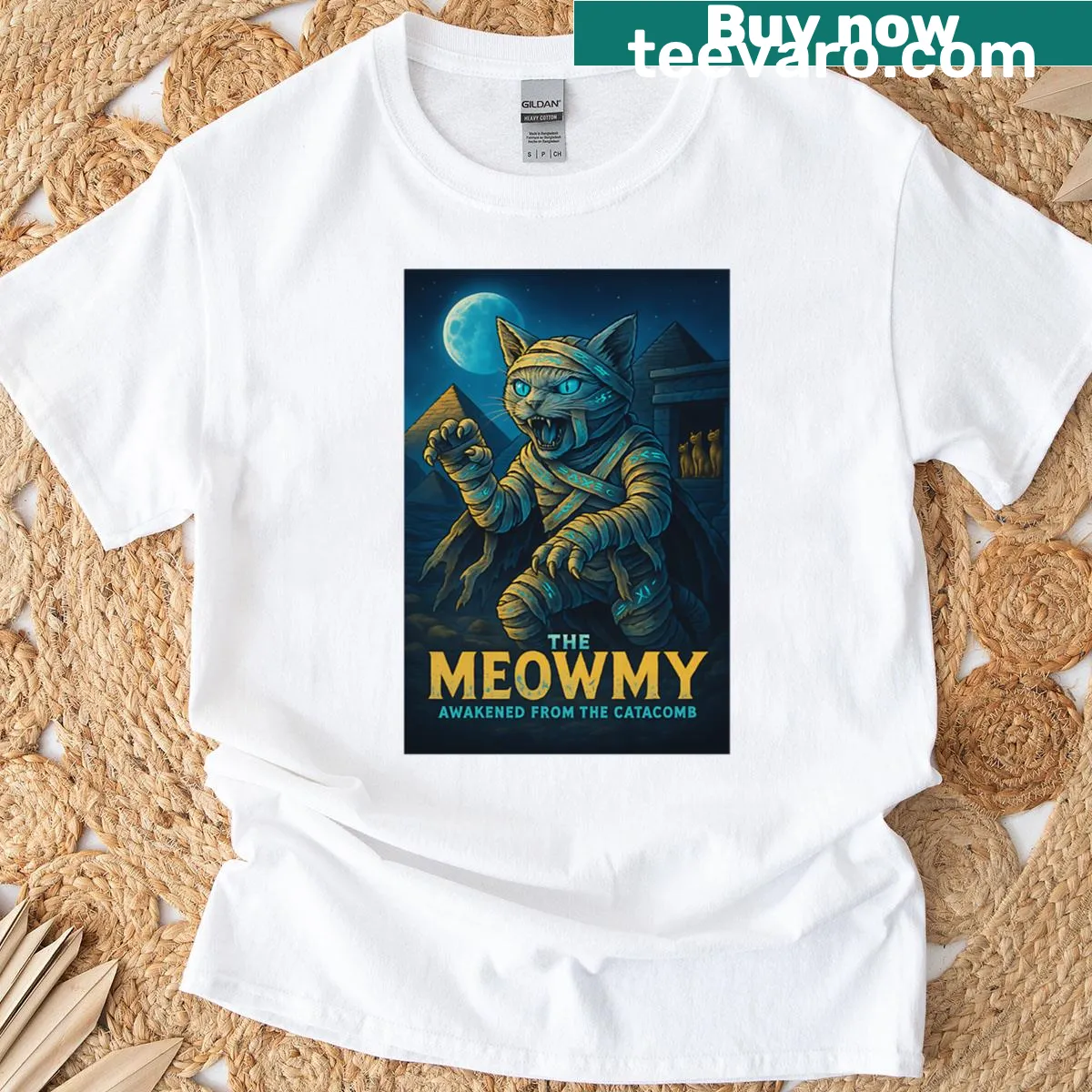 Heartwarming t-shirt featuring a cat and the word 'Meowmy' — on a men's t-shirt
