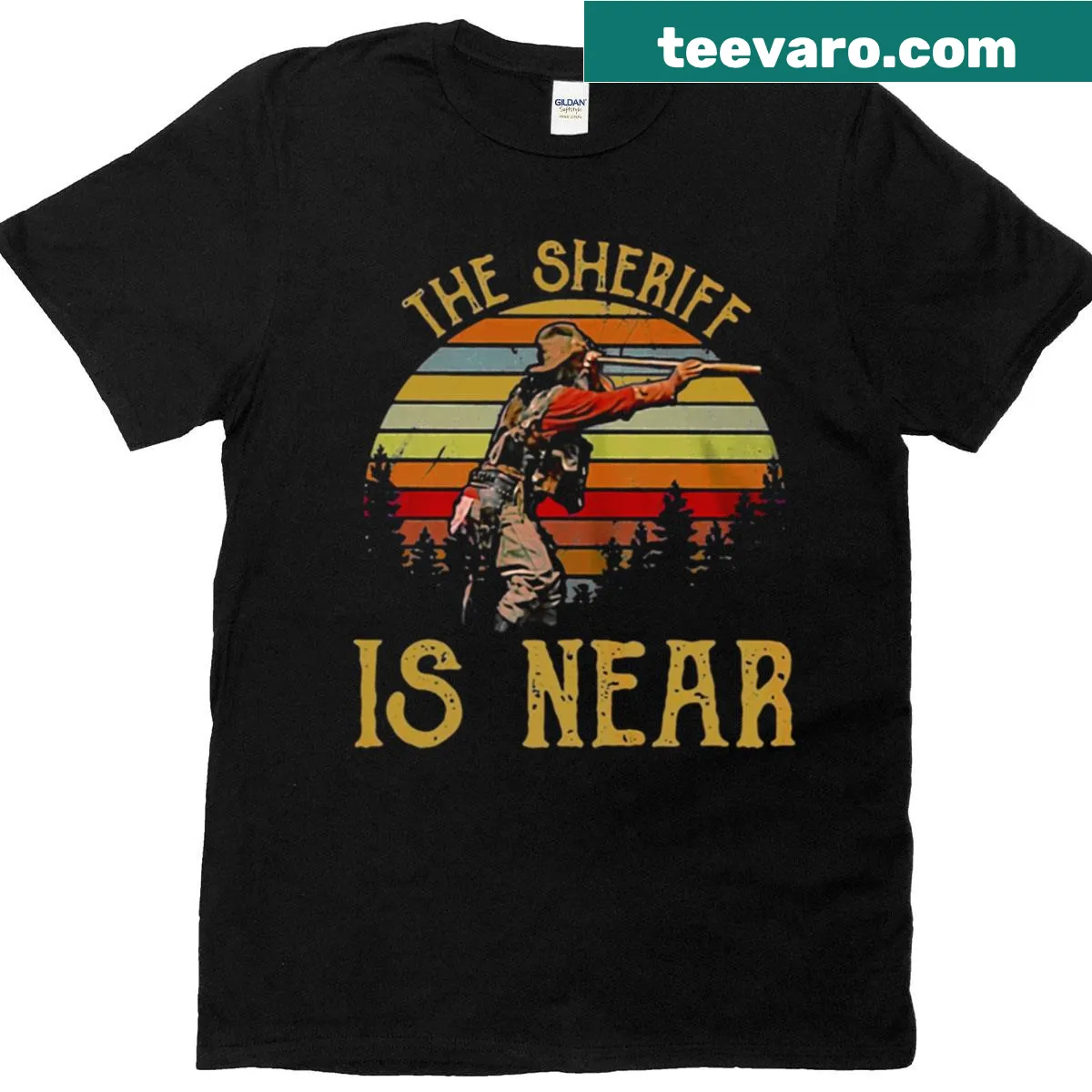 Vintage t-shirt with 'The Sheriff Is Near' text in a classic design — on a men's t-shirt