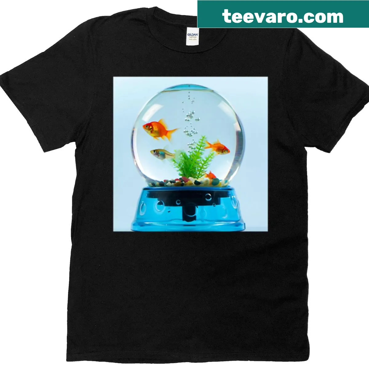 T-shirt featuring a whimsical design of a snow globe fish tank — on a men's t-shirt