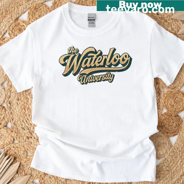 Typography T-shirt featuring the name of Waterloo University in bold letters.