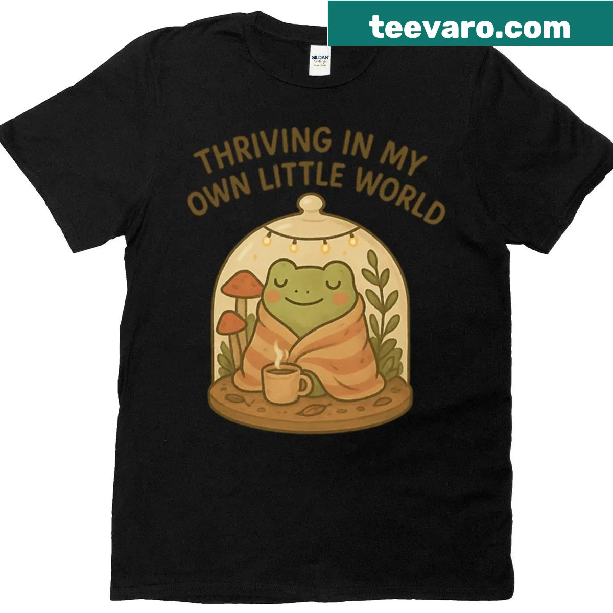 Illustration of frogs in a cozy terrarium on a T-shirt — on a men's t-shirt