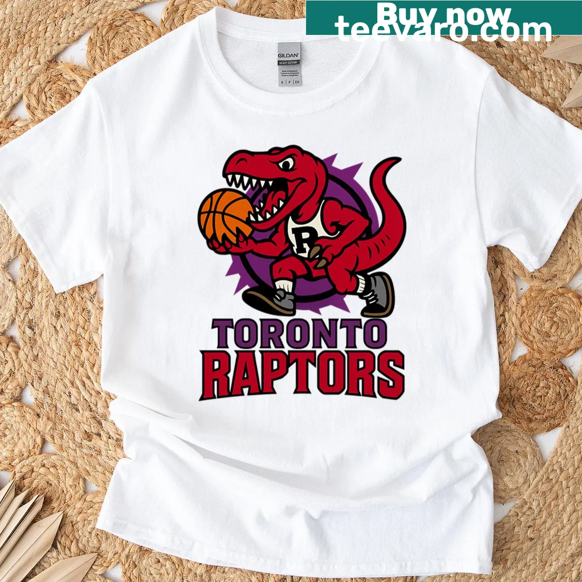 Vintage-style Raptors mascot graphic on basketball T-shirt — on a men's t-shirt