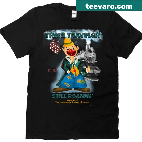 Vintage train graphic on a nostalgic hobo-themed T-shirt