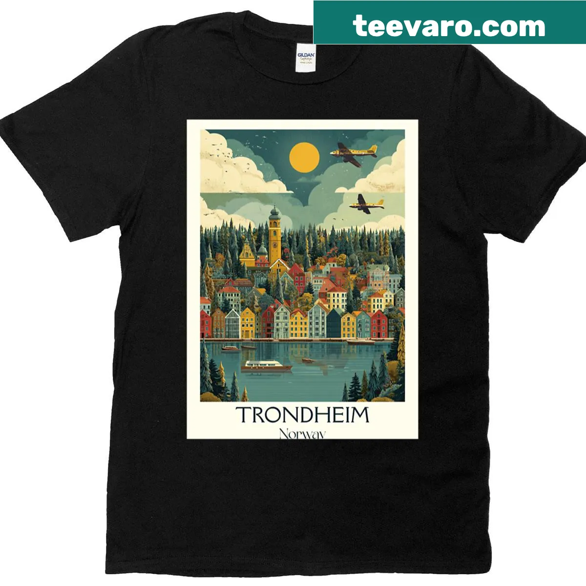 Vintage-style T-shirt featuring Nidelva River and old town bridge in Trondheim — on a men's t-shirt