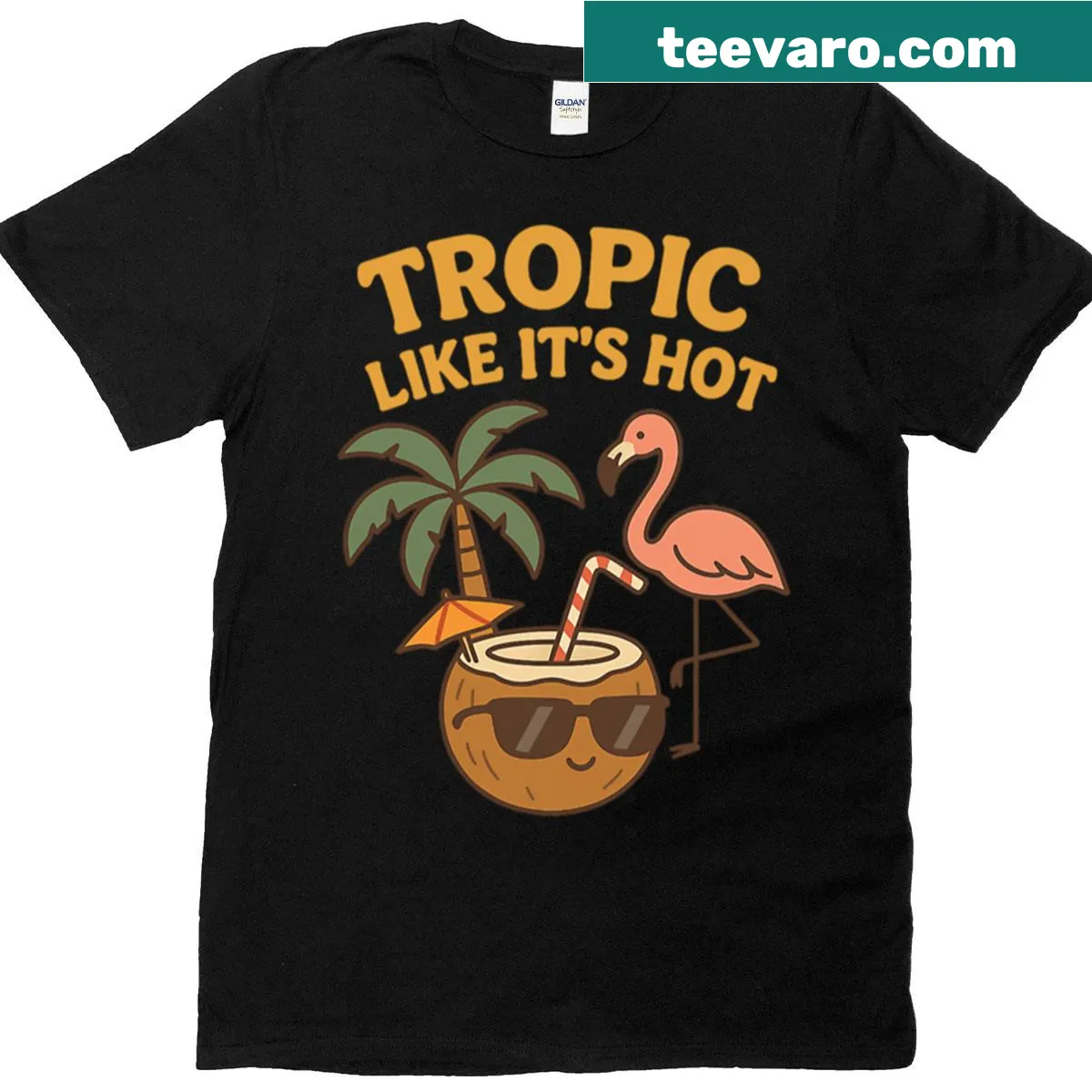 T-shirt featuring palm trees, a flamingo, and a coconut drink in shades — on a men's t-shirt