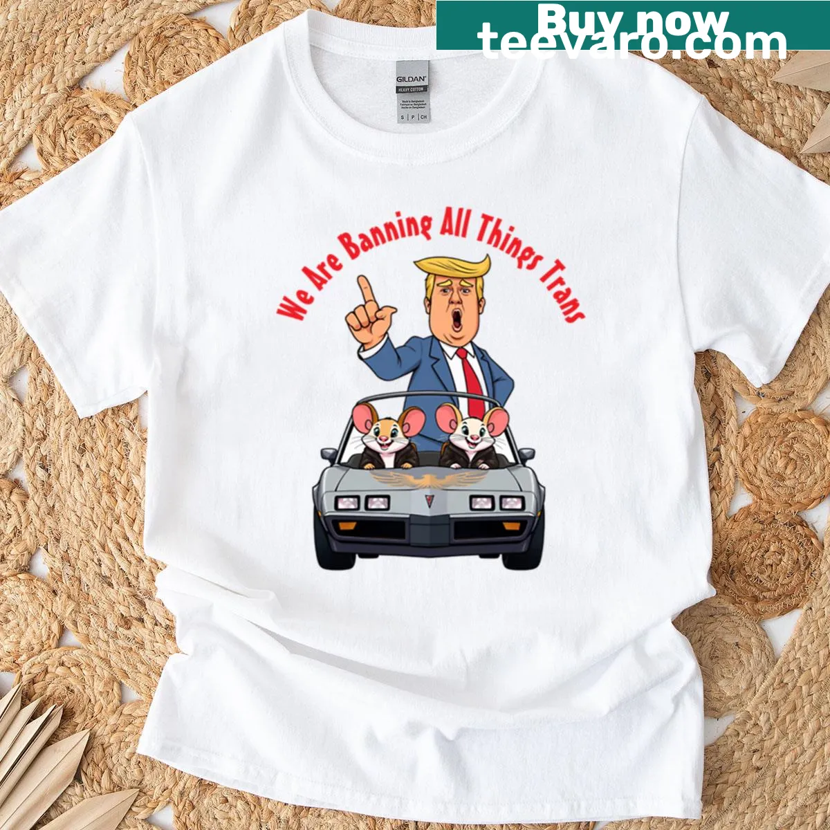 Oversized shirt reading 'Trump Banning All Things Trans' in bold typography — on a men's t-shirt