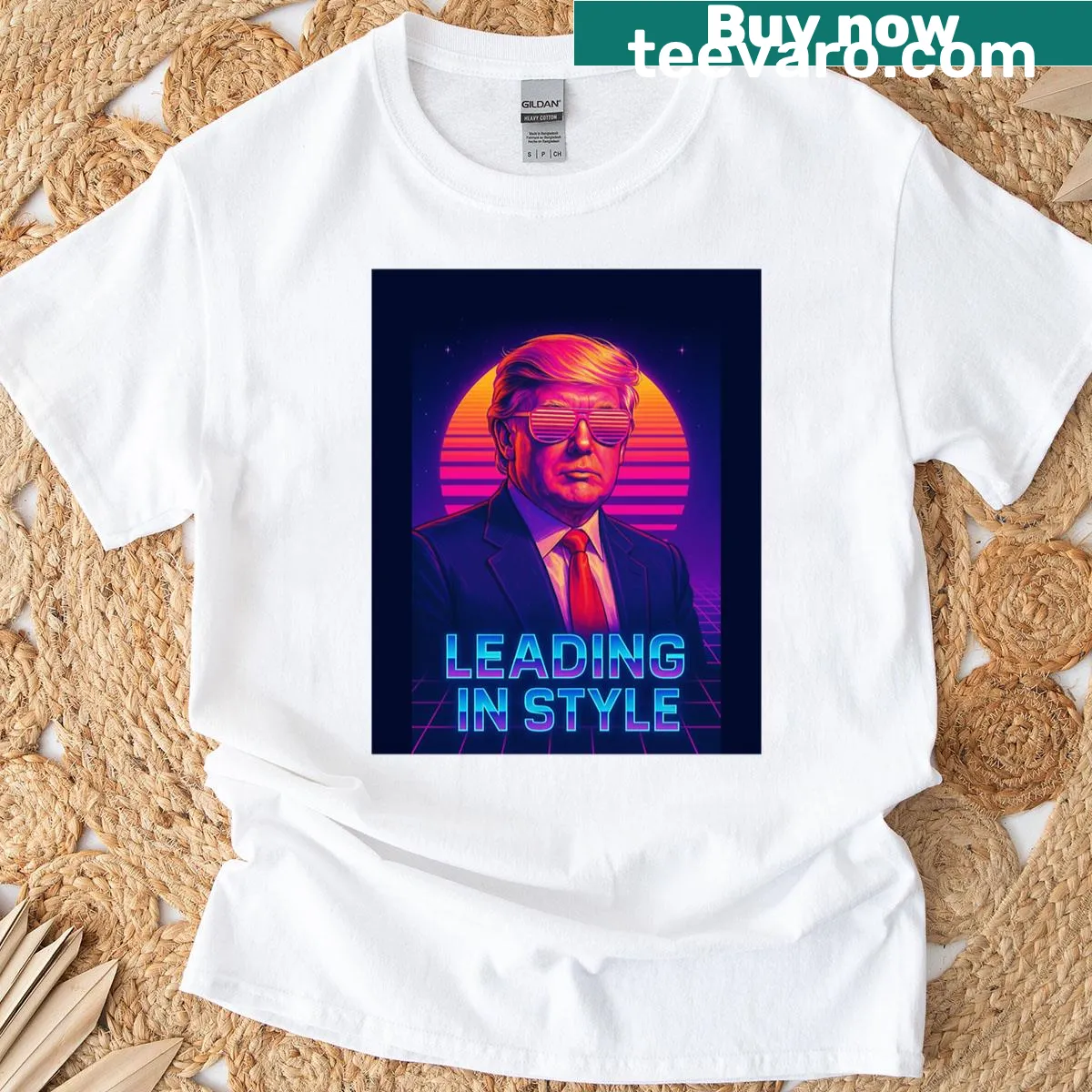 Graphic t-shirt stating 'Trump Leading In Style' in bold typography — on a men's t-shirt