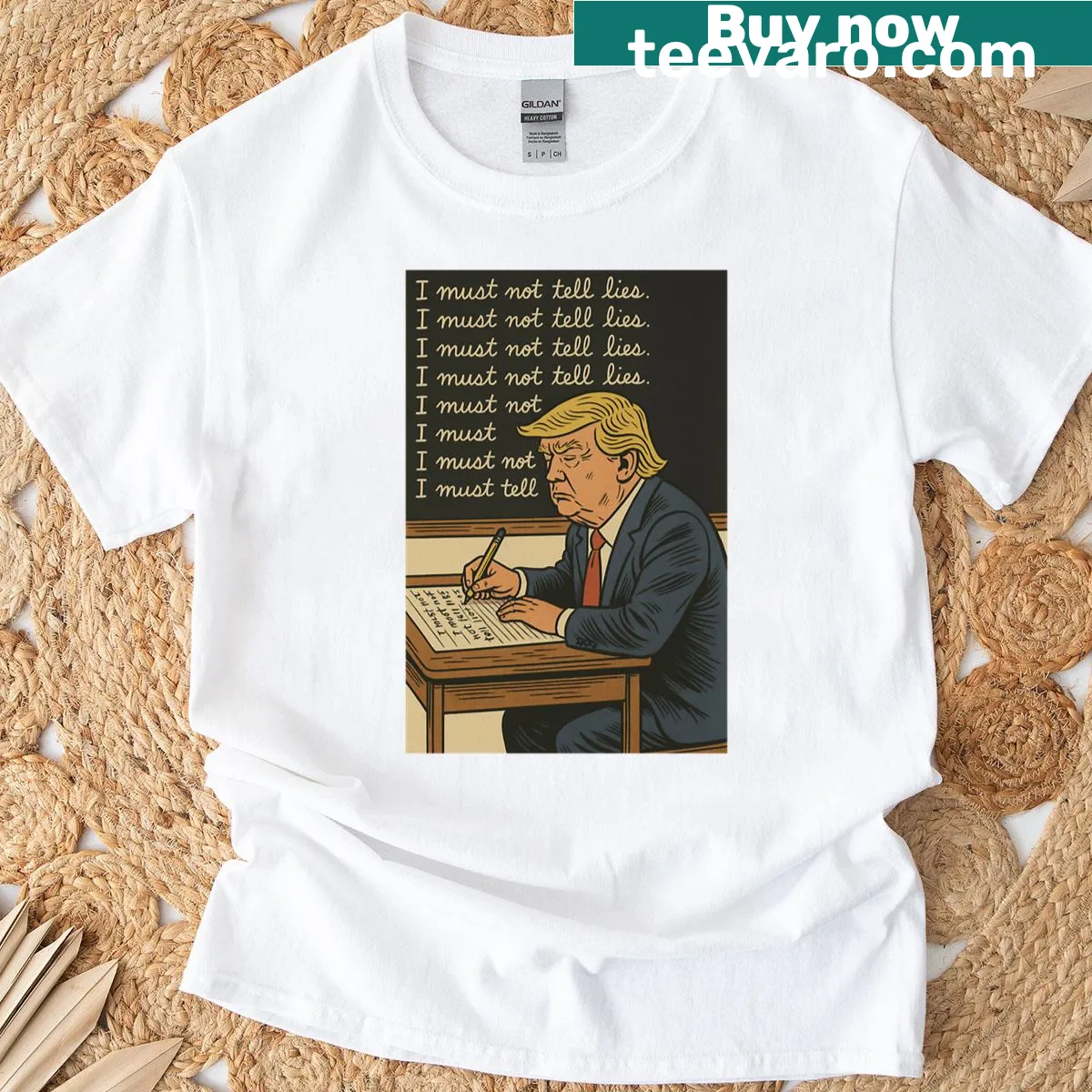Bold text T-shirt proclaiming 'Trump Must Not Tell Lies' — on a men's t-shirt