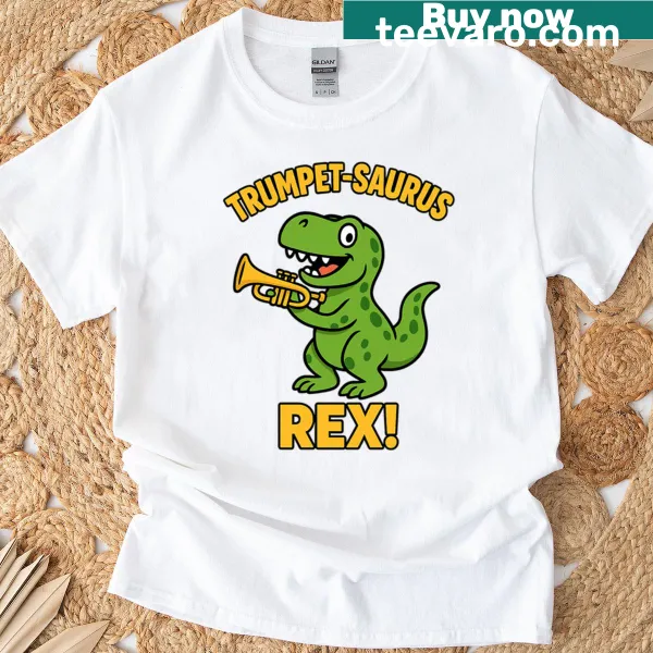 Illustration of a dinosaur playing the trumpet on an oversized t-shirt