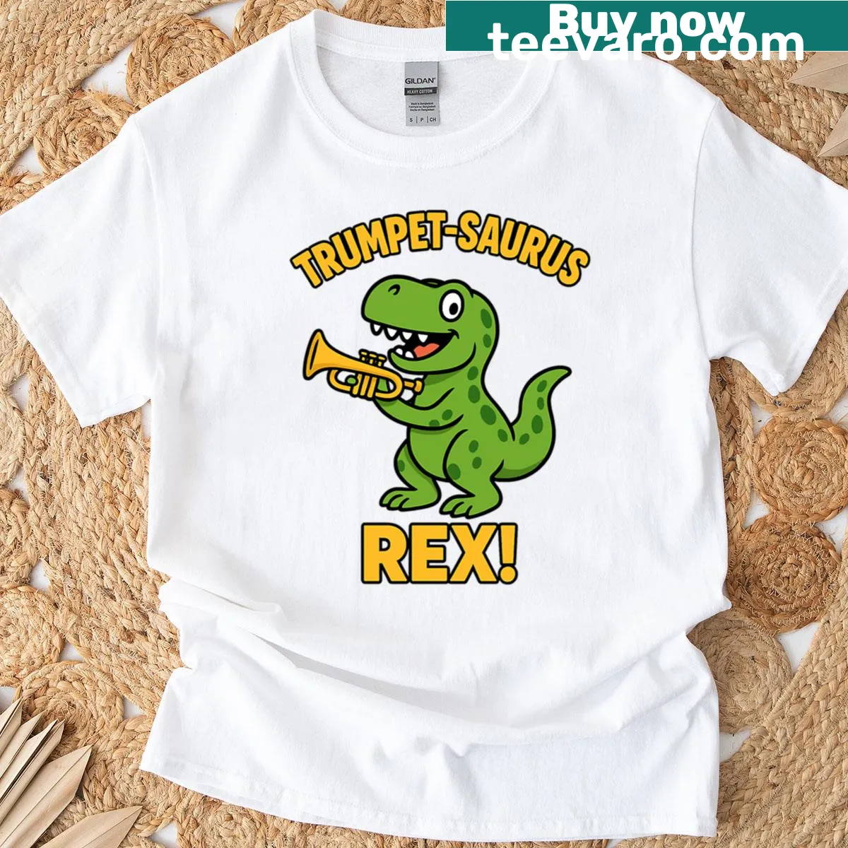 Illustration of a dinosaur playing the trumpet on an oversized t-shirt — on a men's t-shirt