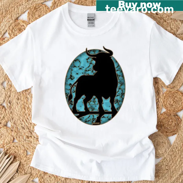 Illustrative bull graphic on a playful fishing-themed t-shirt