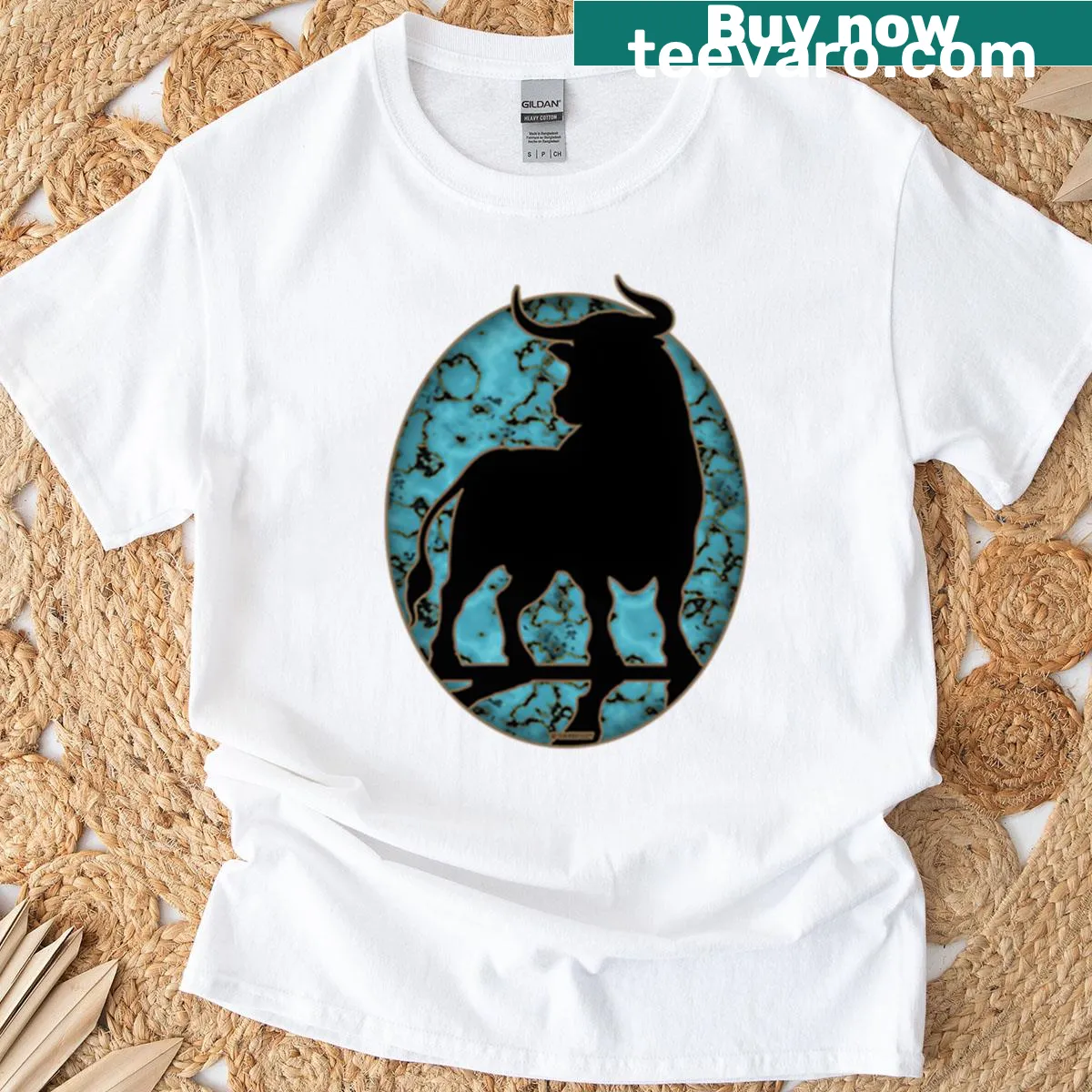 Illustrative bull graphic on a playful fishing-themed t-shirt — on a men's t-shirt