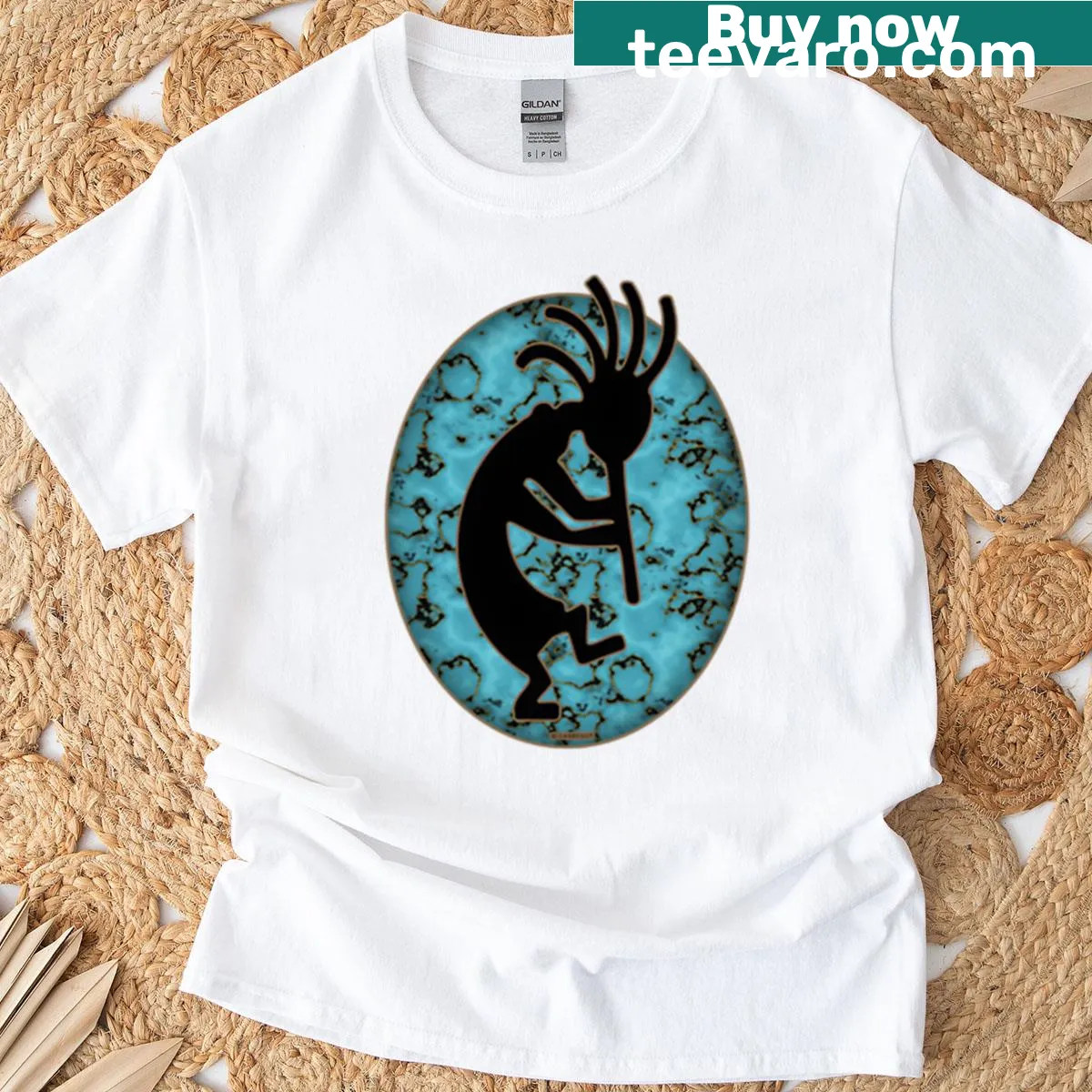 Illustrated t-shirt featuring a playful Kokopelli design — on a men's t-shirt