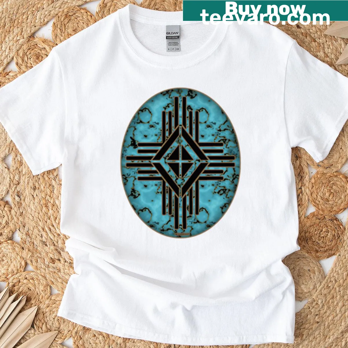 Typographic sun symbol on a turquoise T-shirt — on a men's t-shirt