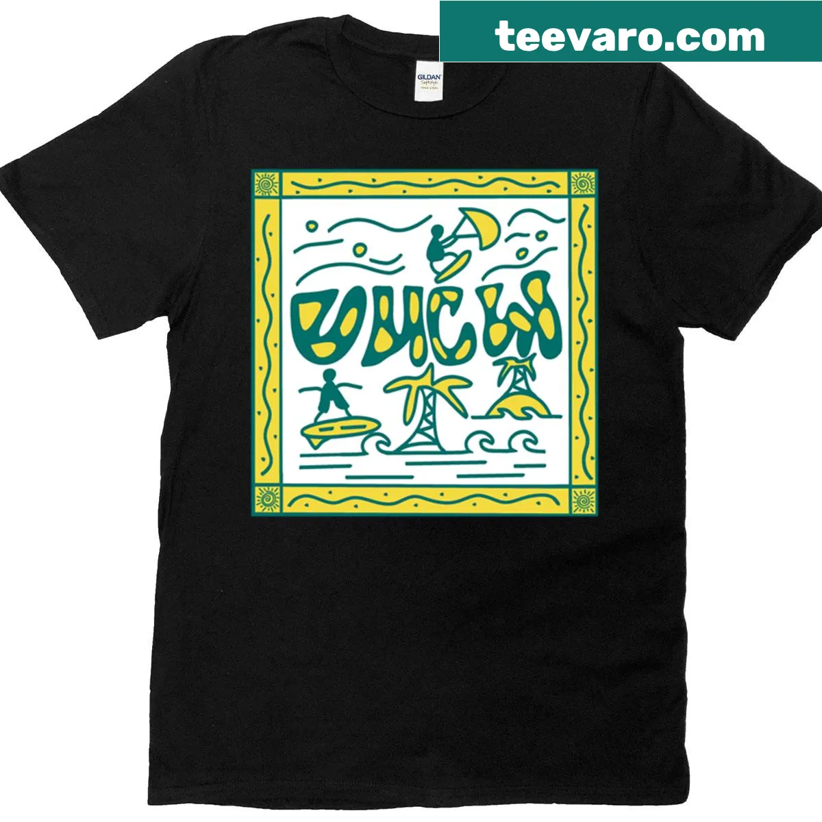 Unc Wilmington Surfing Logo T-shirt with oversized design — on a men's t-shirt