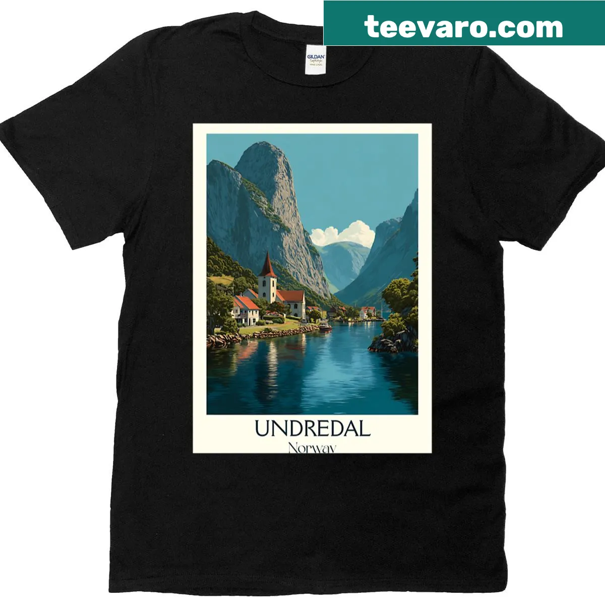 Minimalist Undredal Norway travel T-shirt with village silhouette — on a men's t-shirt