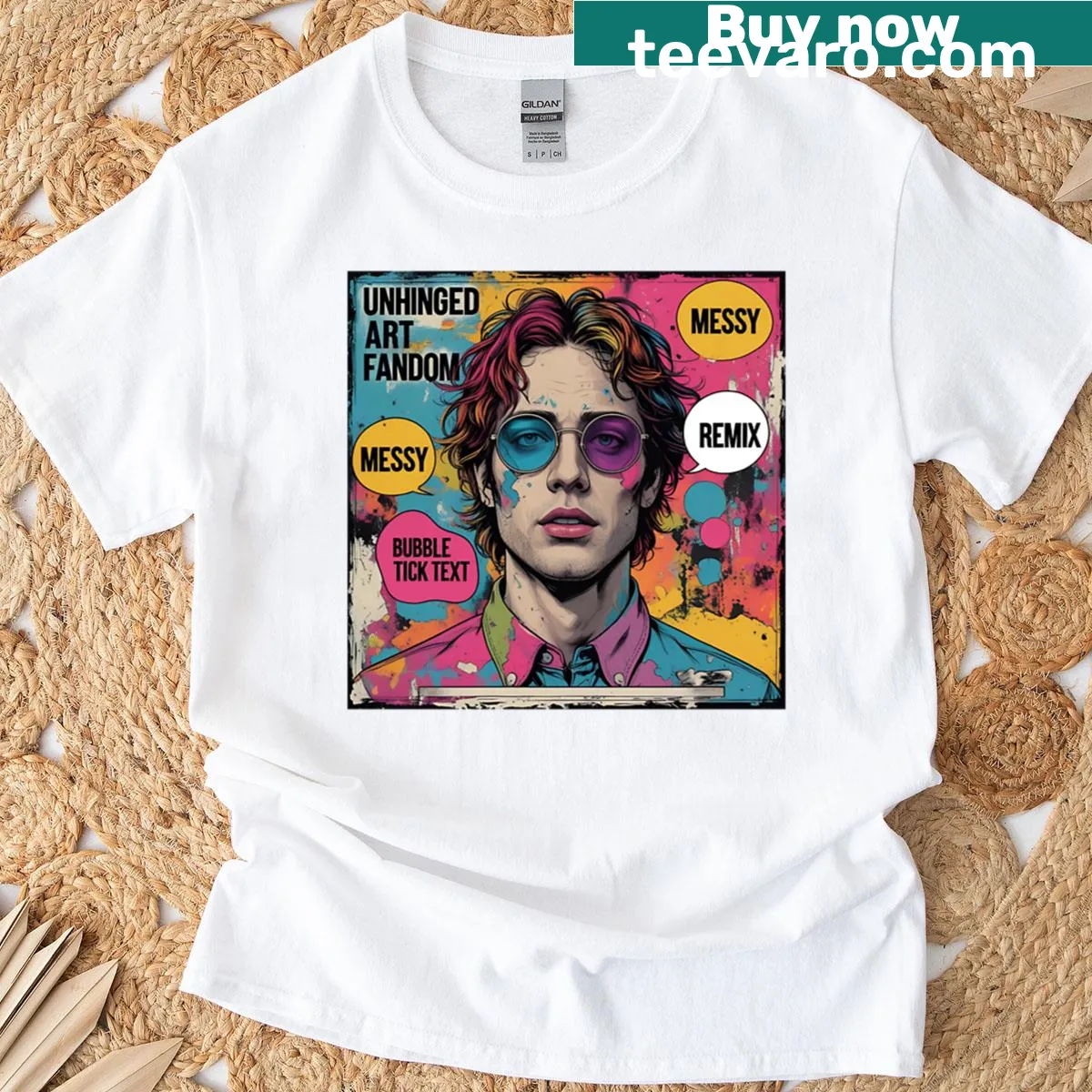 Oversized T-shirt with a messy art fandom graphic — on a men's t-shirt