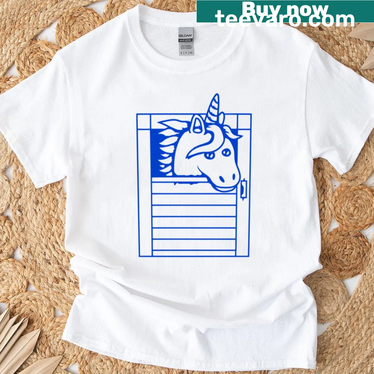 Comic-style T-shirt featuring a unicorn at a stable door — on a men's t-shirt