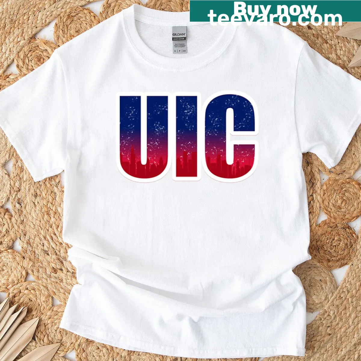 City skyline graphic on University of Illinois Chicago t-shirt — on a men's t-shirt