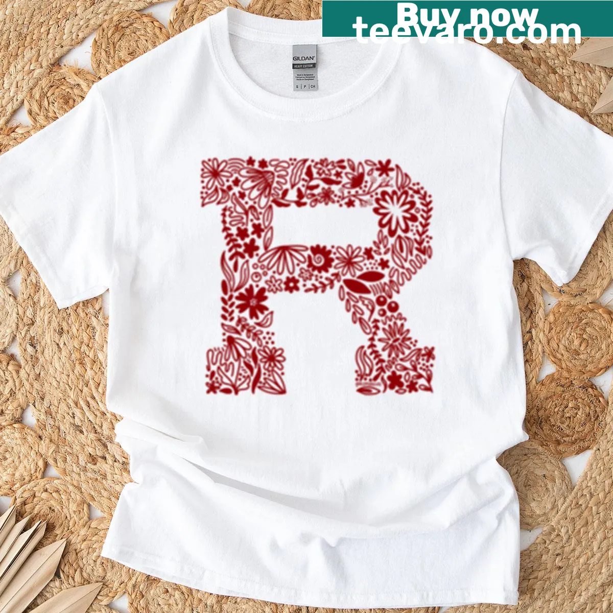 Floral doodles T-shirt featuring 'R' for University of Redlands — on a men's t-shirt