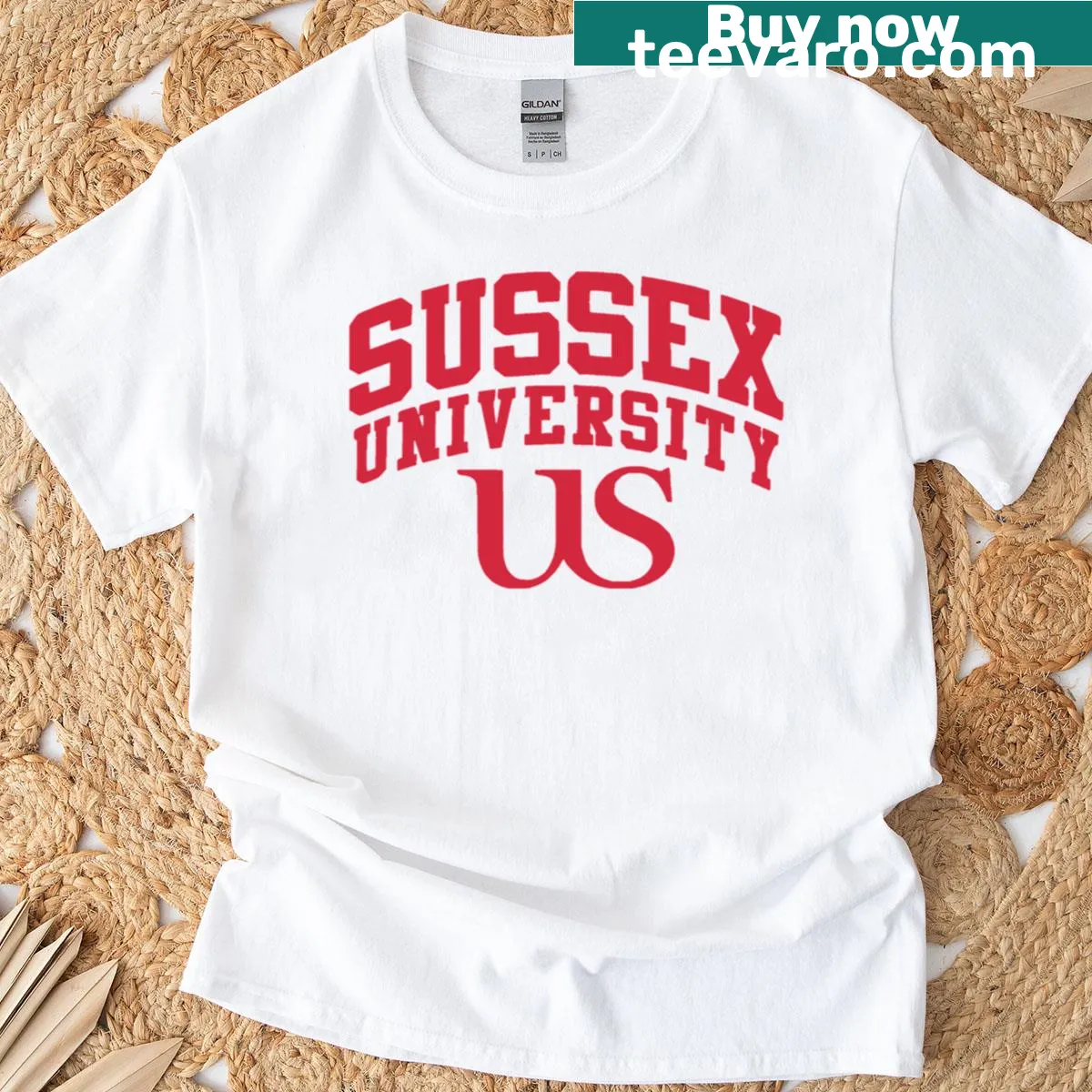 University of Sussex England T-shirt featuring a vintage logo design — on a men's t-shirt
