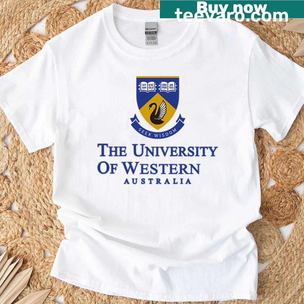 University of Western Australia Seek Wisdom T-shirt with motto design — on a men's t-shirt