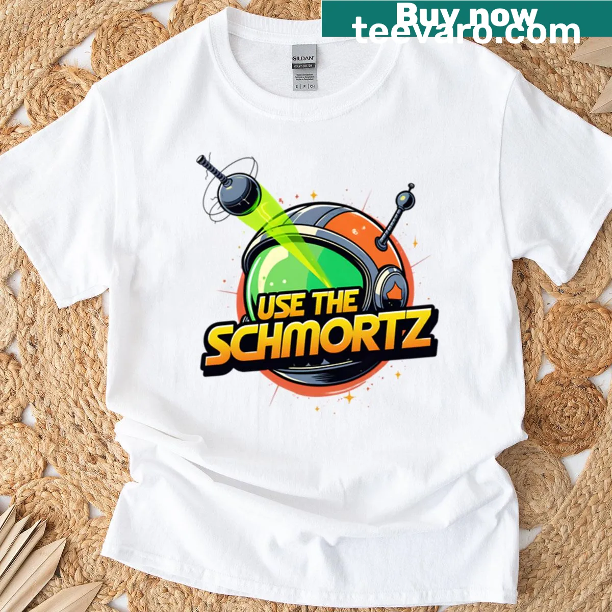 Use The Schmortz Retro Sci-fi Parody Design T-shirt with playful graphic — on a men's t-shirt