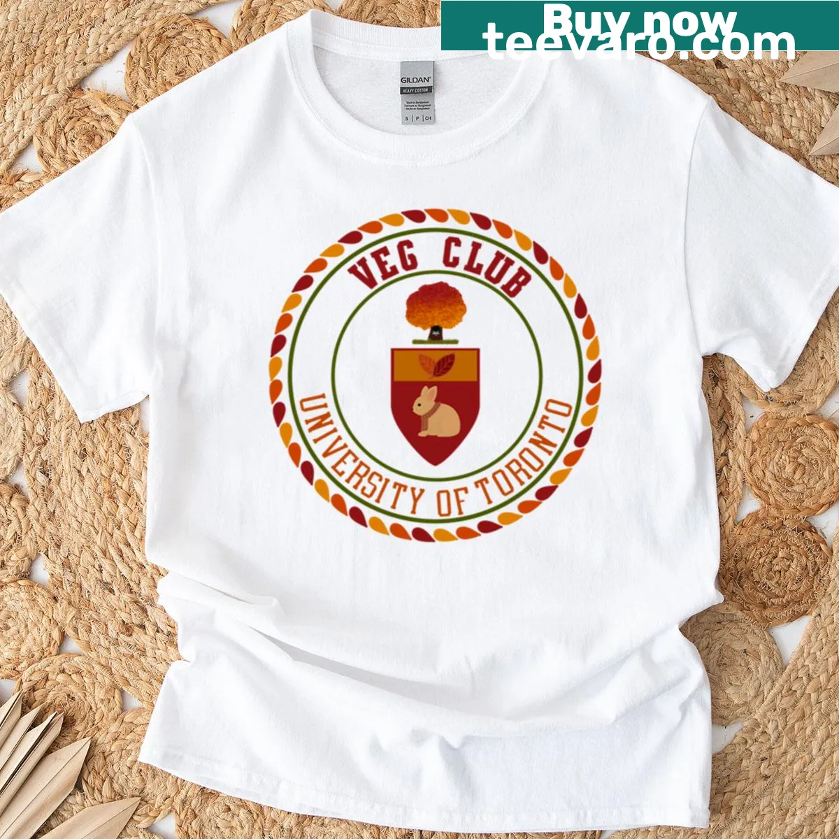 Vegclub Fall Crest design featuring autumn elements and vegetarian symbolism — on a men's t-shirt