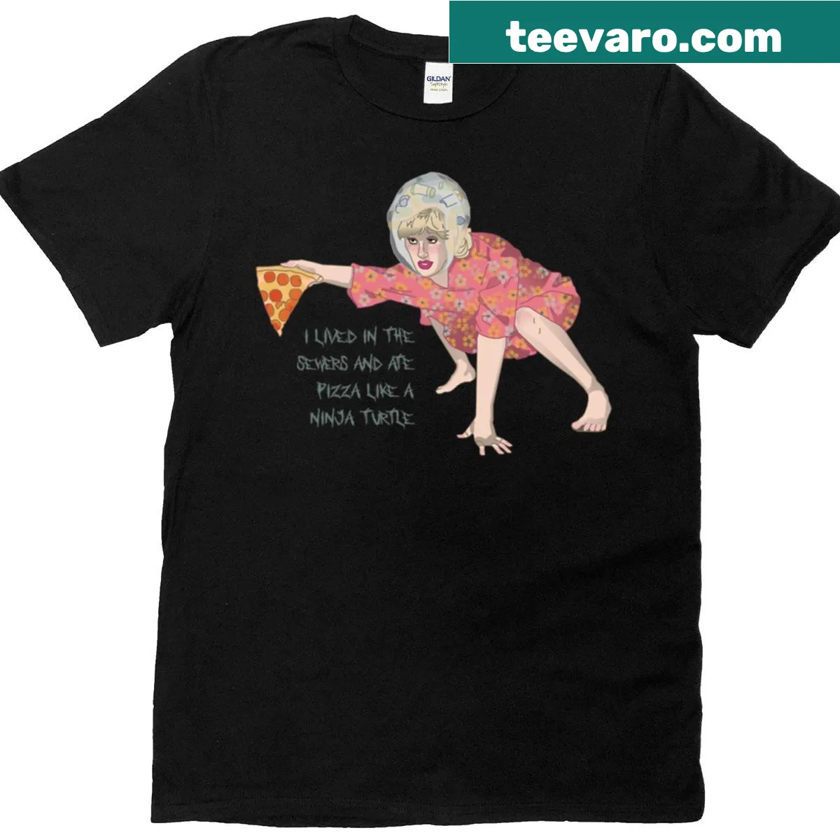 Humorous step-grandma t-shirt with pizza and Ninja Turtle reference — on a men's t-shirt
