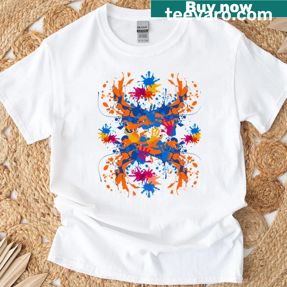 Handprint splash art graphic on a creative T-shirt — on a men's t-shirt