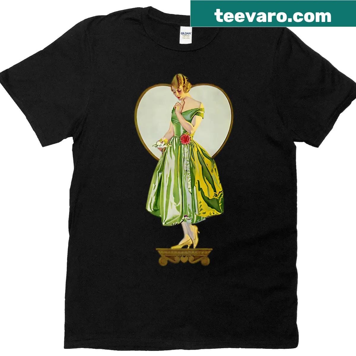 Vintage Victorian woman illustration in heart frame — on a men's t-shirt