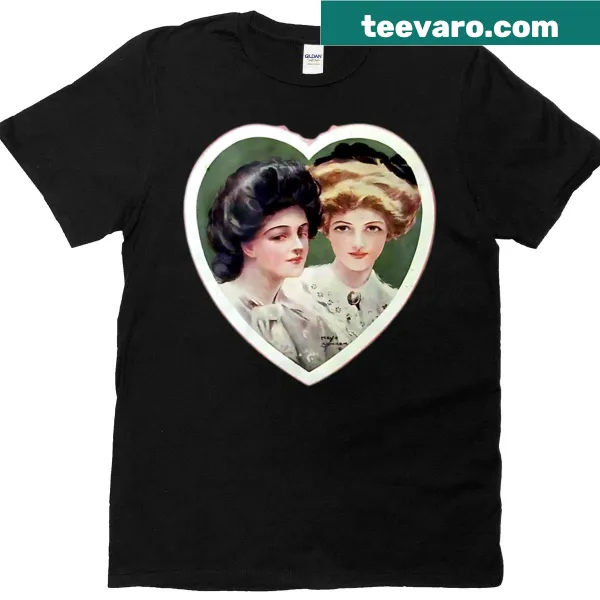 Vintage T-shirt featuring Victorian women in heart frame design